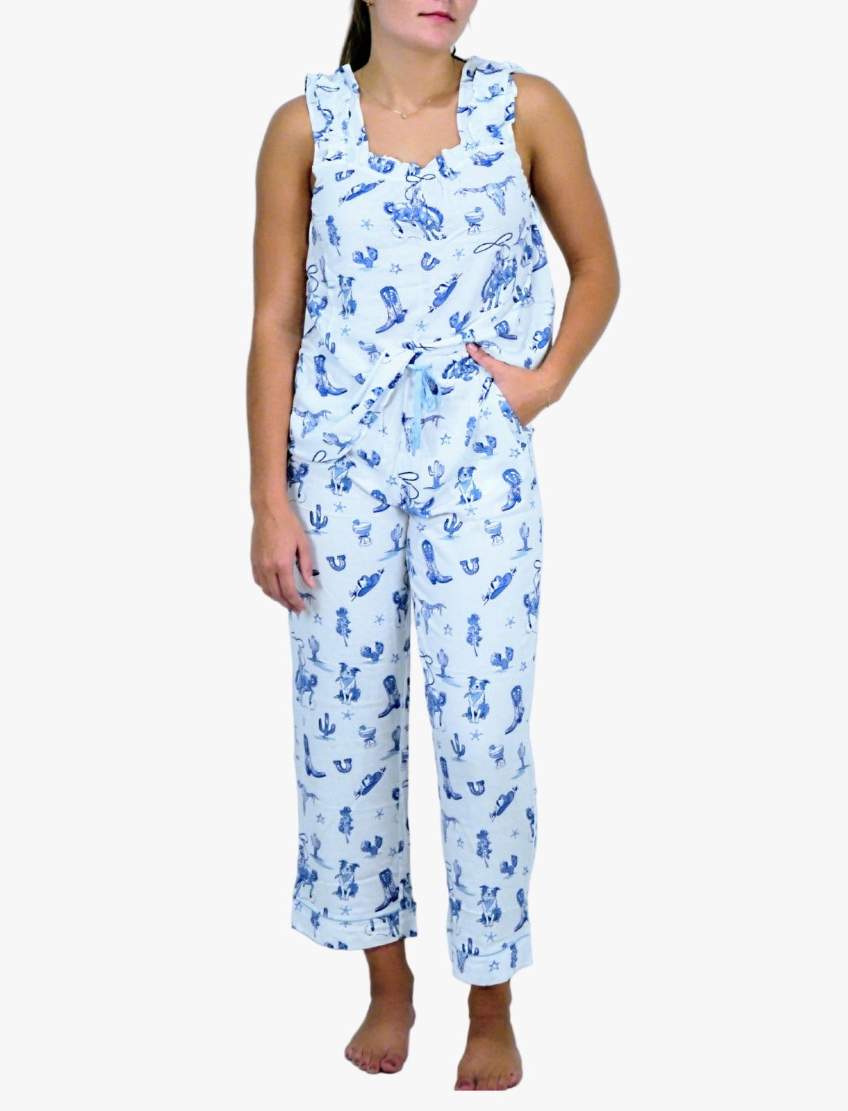 Heather Welper Blue & White Day on the Range Ruffle Cami PJ Set
