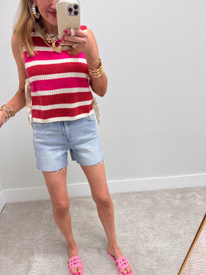 Red and Pink Color Block Stripes Side Tied Sweater Vest