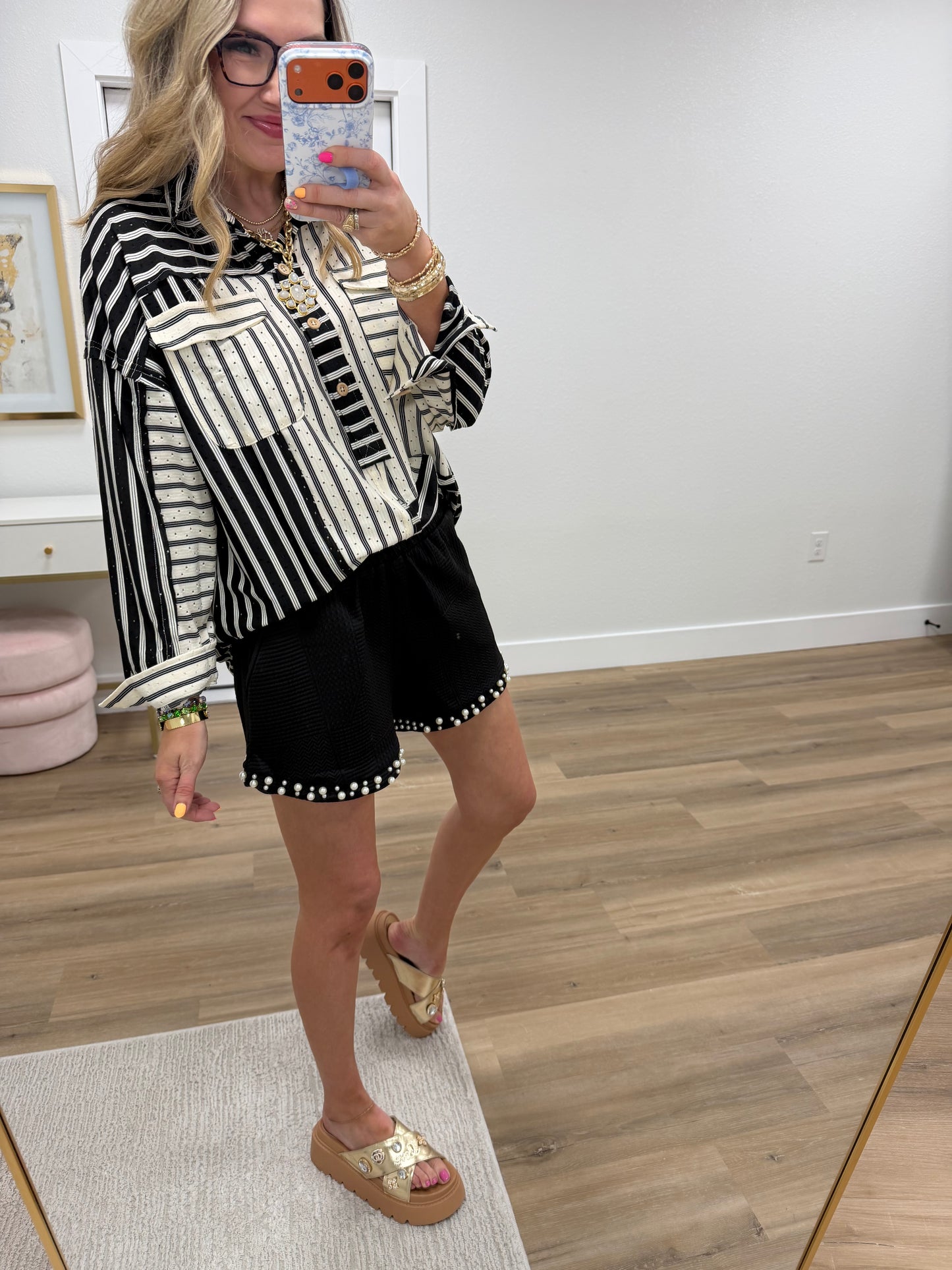 Black & Cream Textured Button Top
