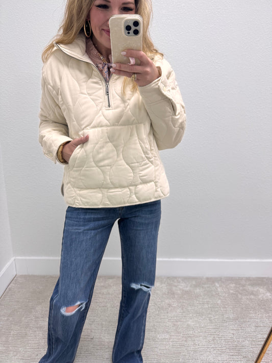Cream Quilted Half Zip High Neck Pullover