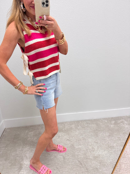 Red and Pink Color Block Stripes Side Tied Sweater Vest
