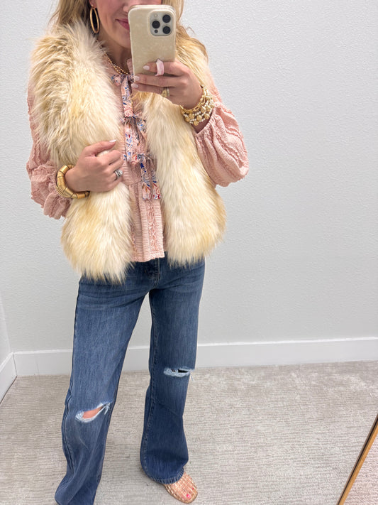 White Taupe Faux Fur Layered Vest