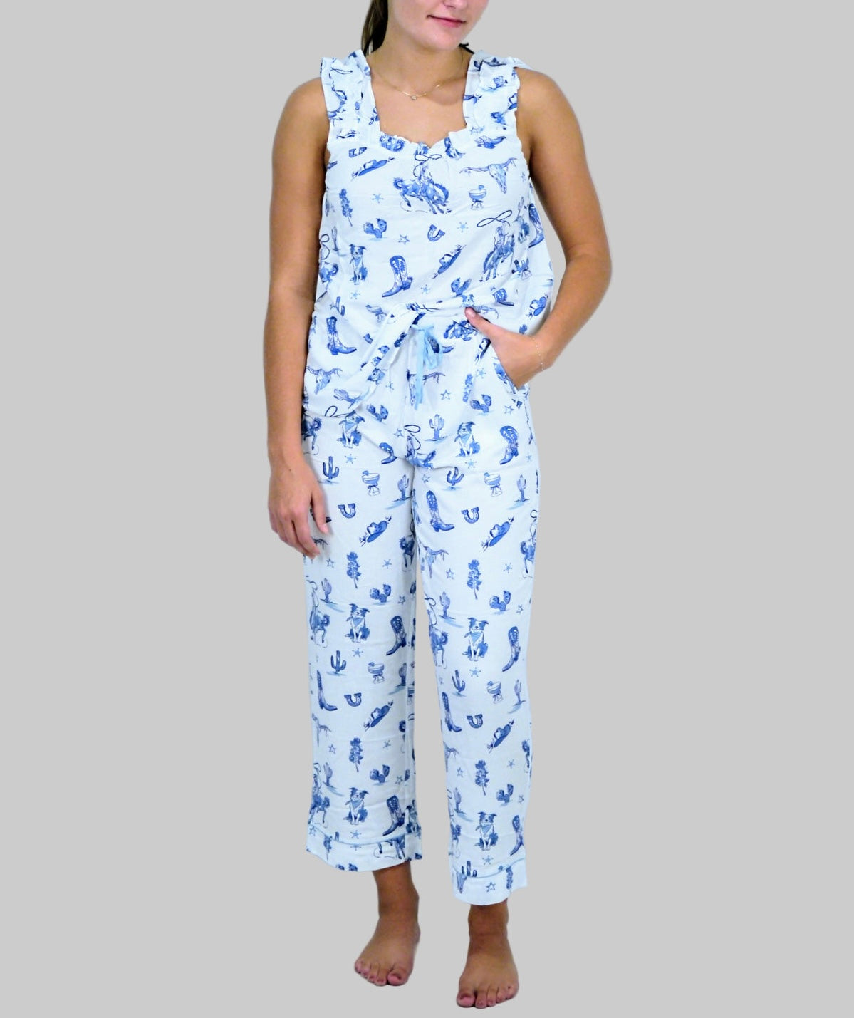 Heather Welper Blue & White Day on the Range Ruffle Cami PJ Set