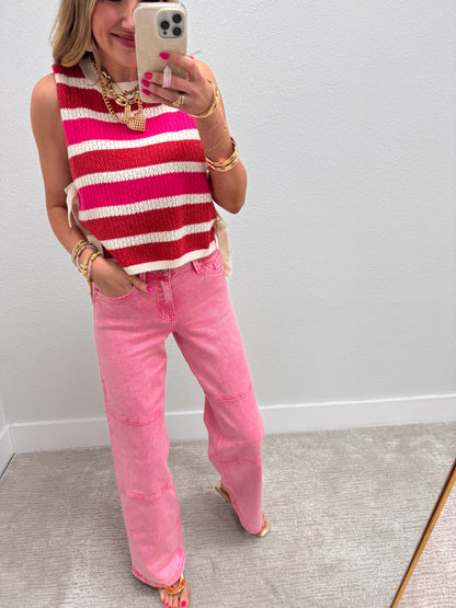 Red and Pink Color Block Stripes Side Tied Sweater Vest