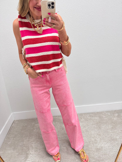 Red and Pink Color Block Stripes Side Tied Sweater Vest