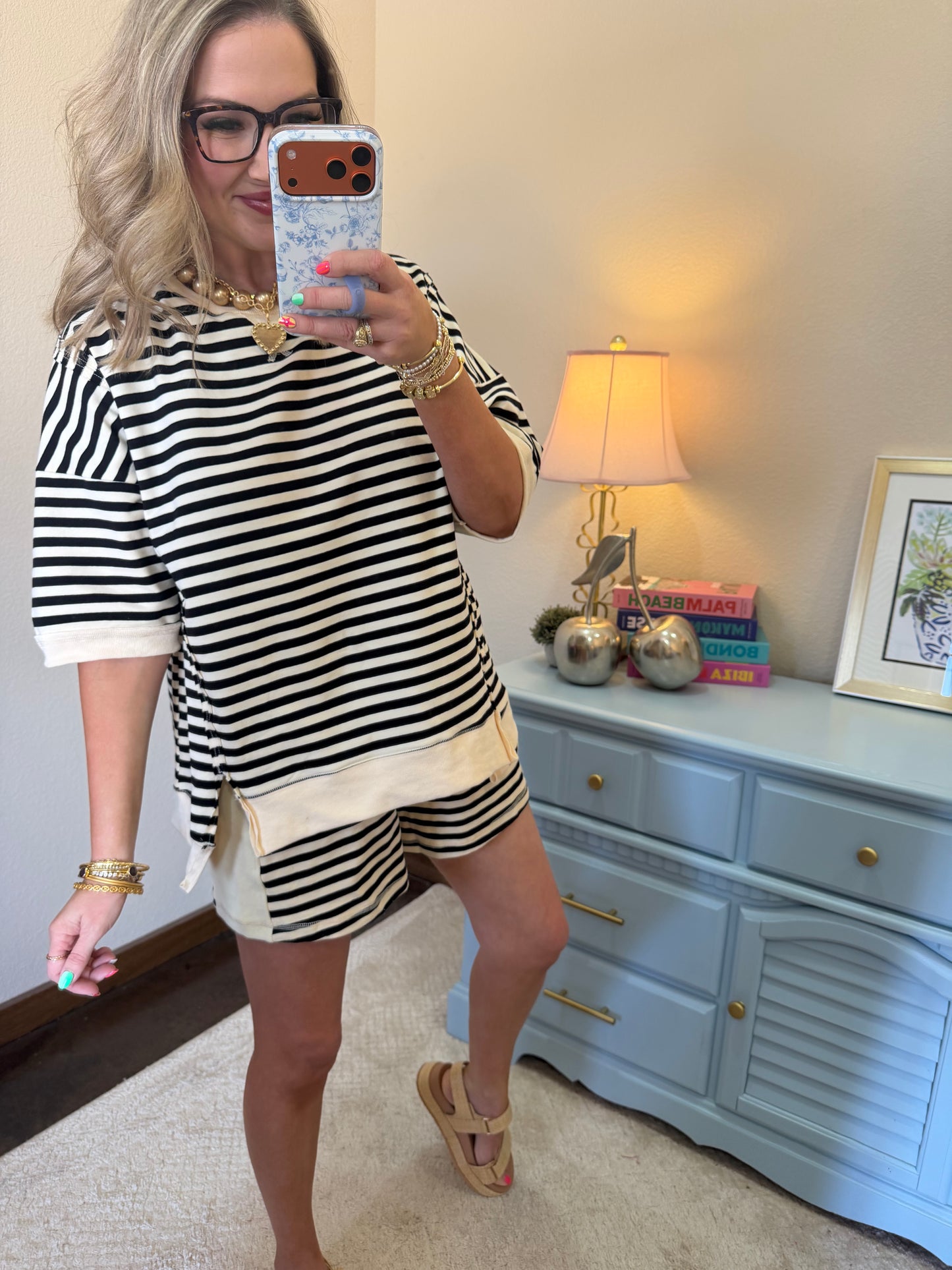 Black and Cream Two Piece Stripe Short Set