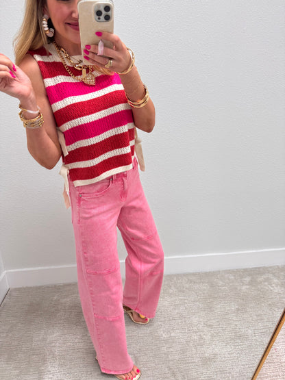 Red and Pink Color Block Stripes Side Tied Sweater Vest