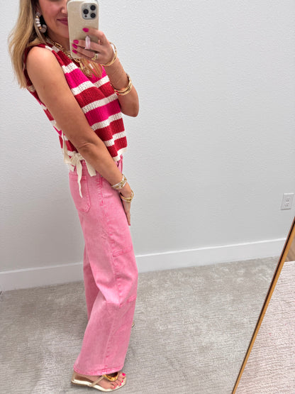 Red and Pink Color Block Stripes Side Tied Sweater Vest