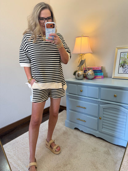 Black and Cream Two Piece Stripe Short Set