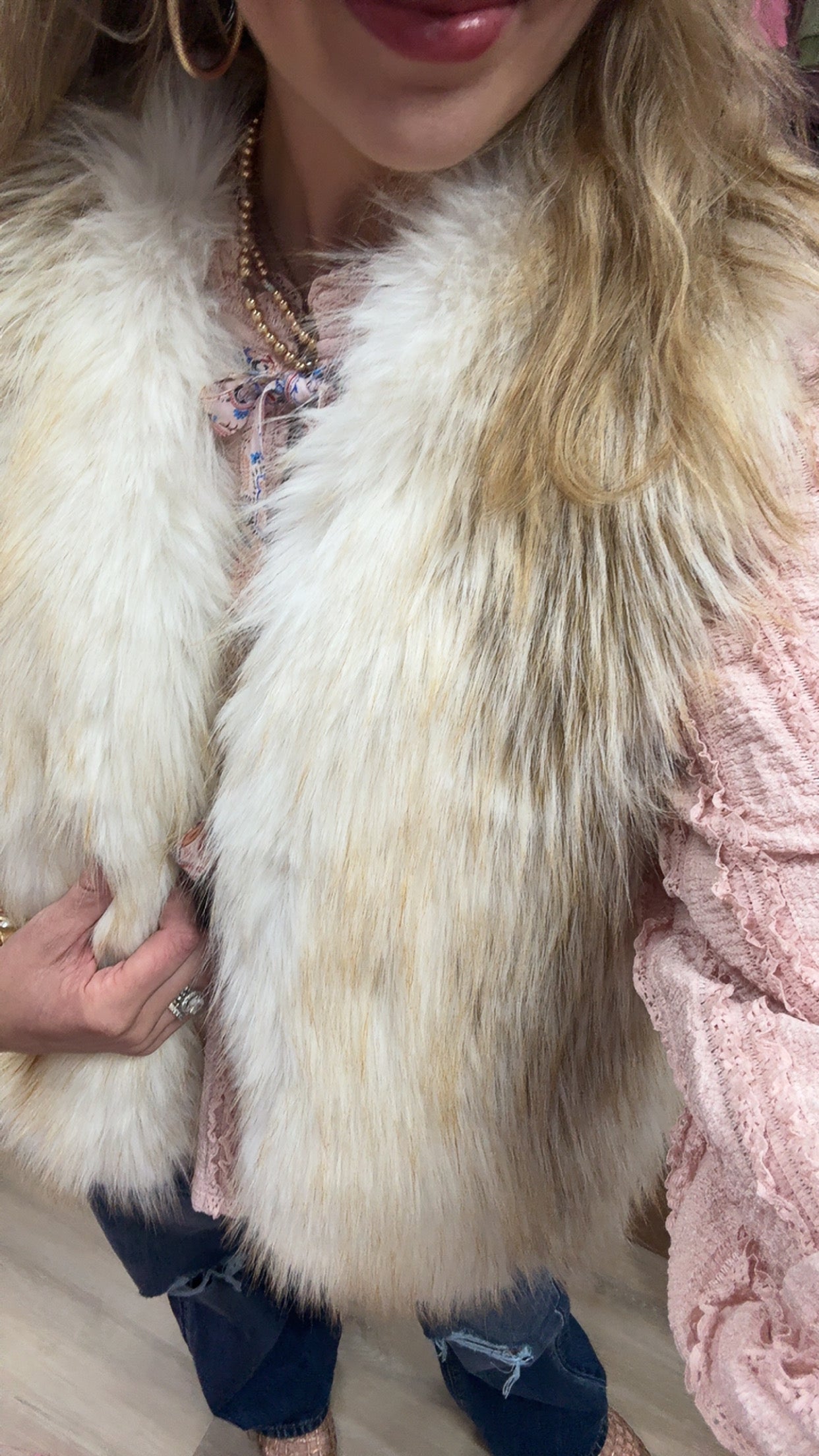 White Taupe Faux Fur Layered Vest