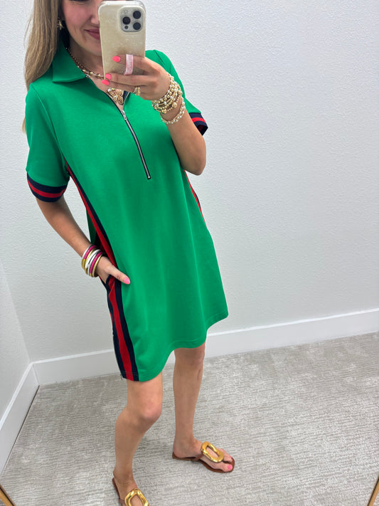 Kelly Green Dress with Red/Green Stripe Side Detail