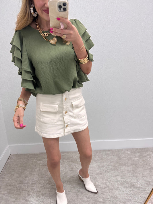 Olive Triple Ruffle Sleeve Top