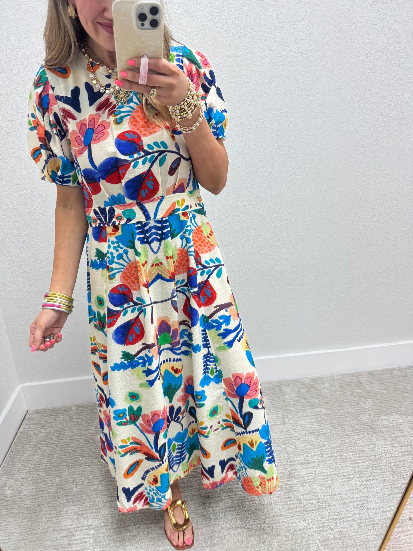 Blue Printed Round Neck Middy Dress