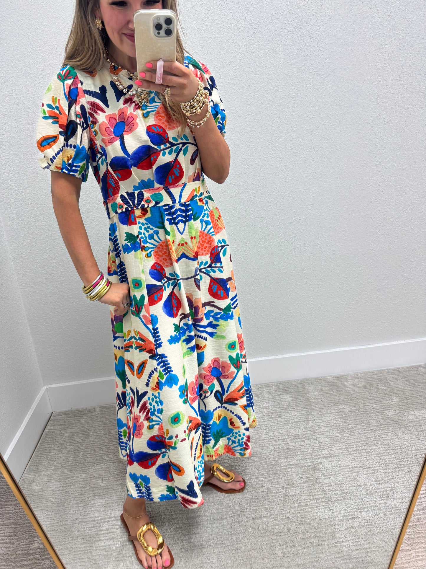 Blue Printed Round Neck Middy Dress