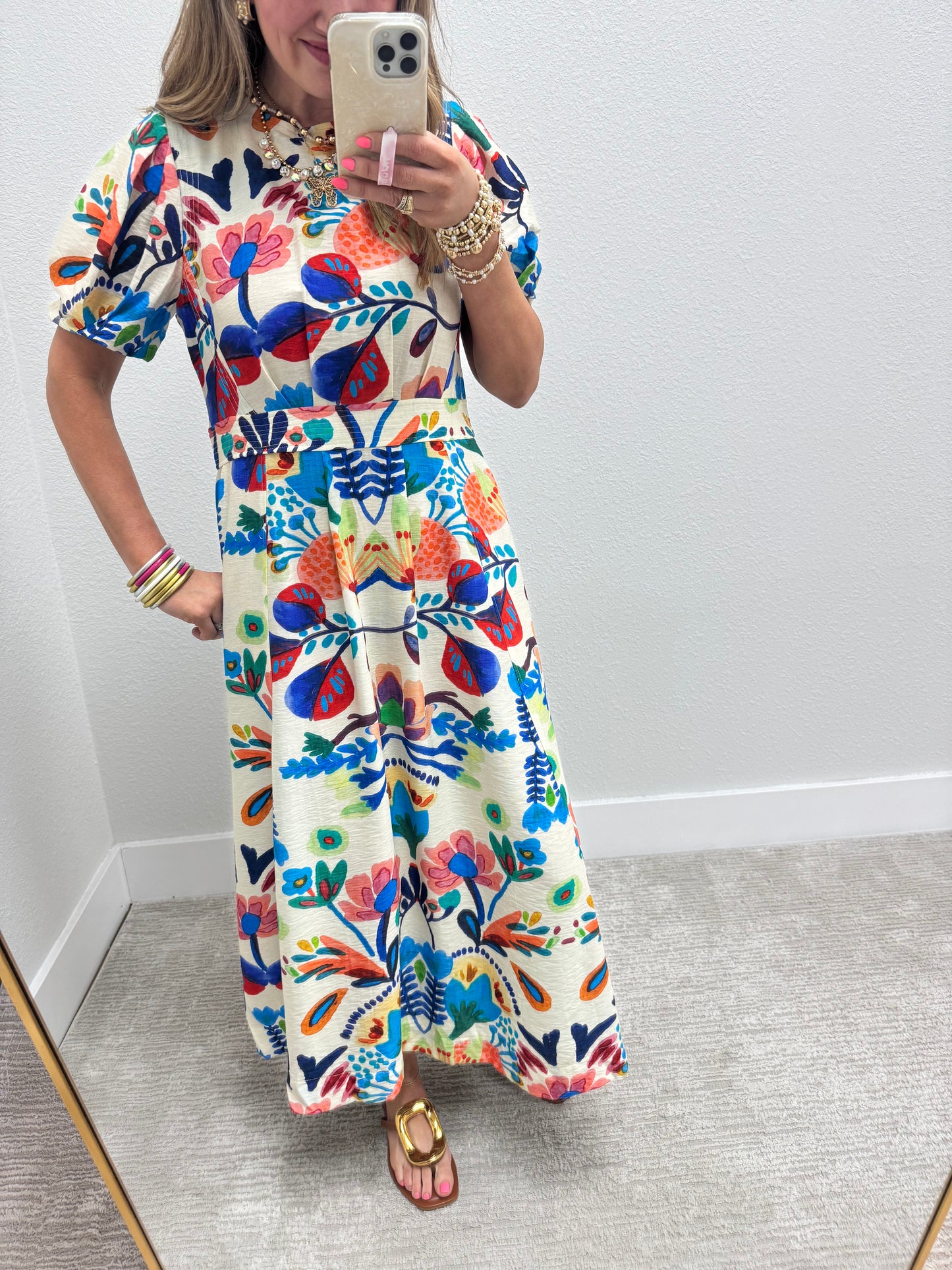 Blue Printed Round Neck Middy Dress