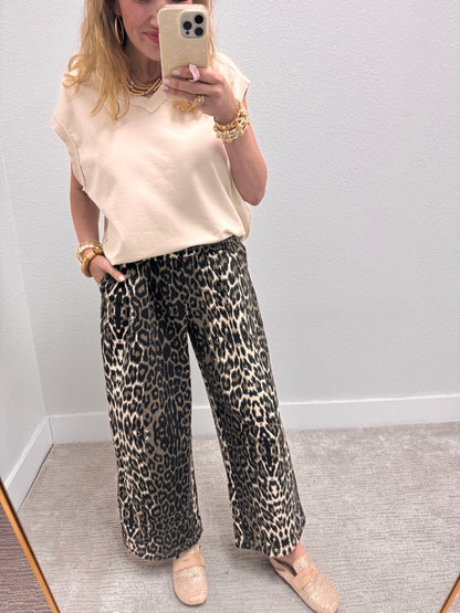 Leopard Elastic Tie Waist Pants