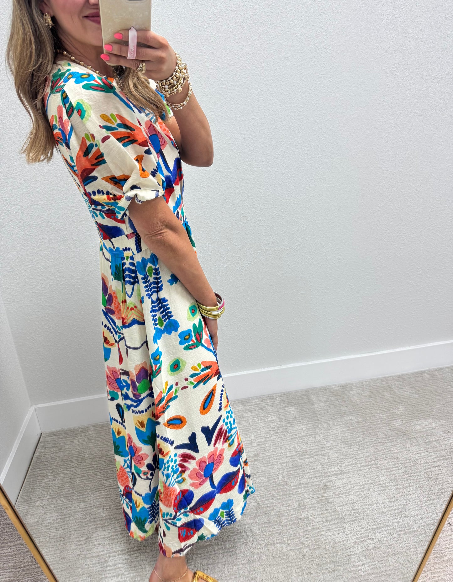 Blue Printed Round Neck Middy Dress