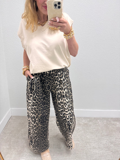 Leopard Elastic Tie Waist Pants