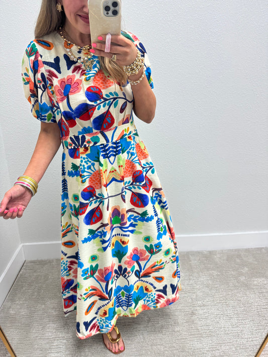 Blue Printed Round Neck Middy Dress