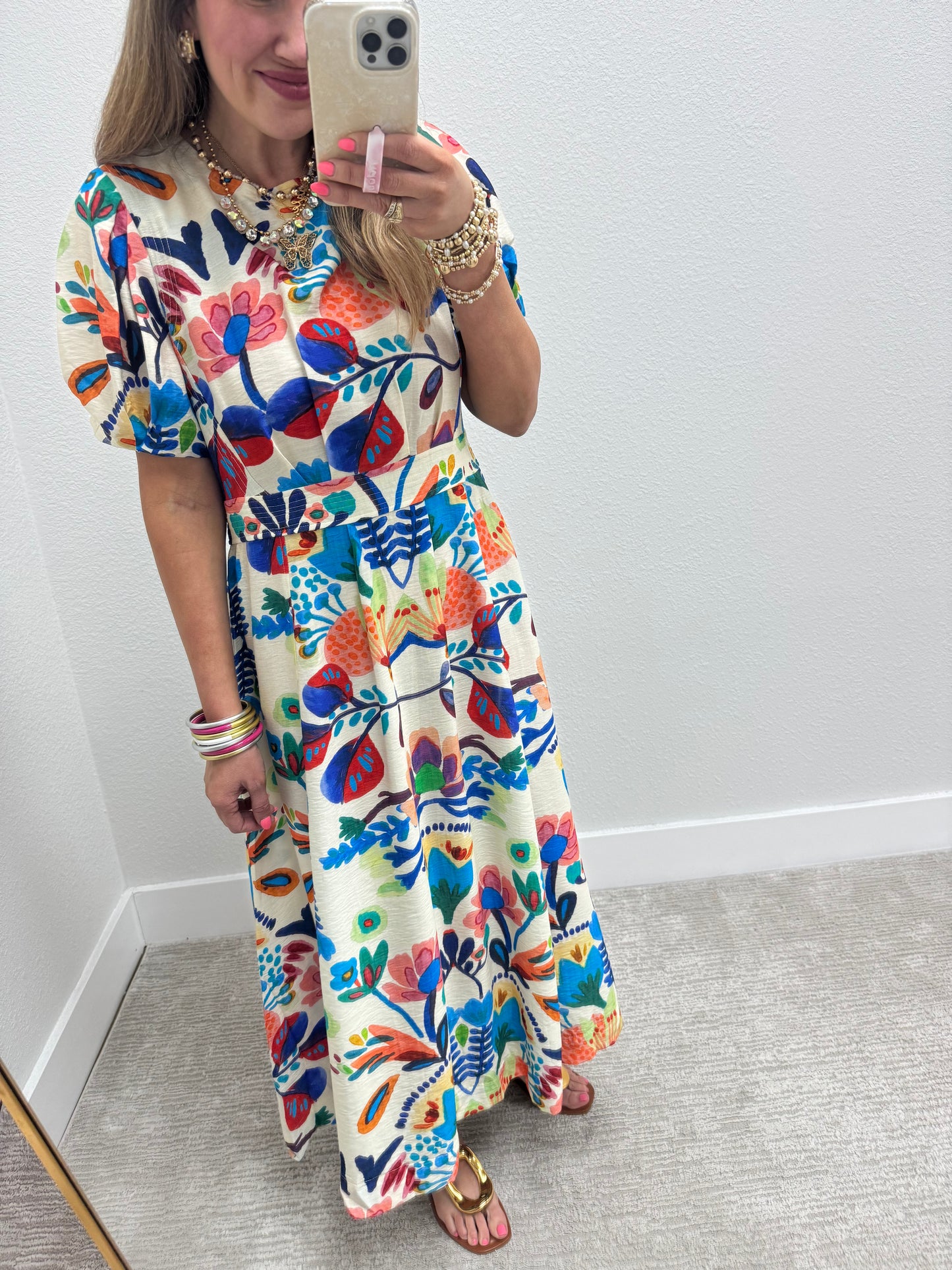 Blue Printed Round Neck Middy Dress