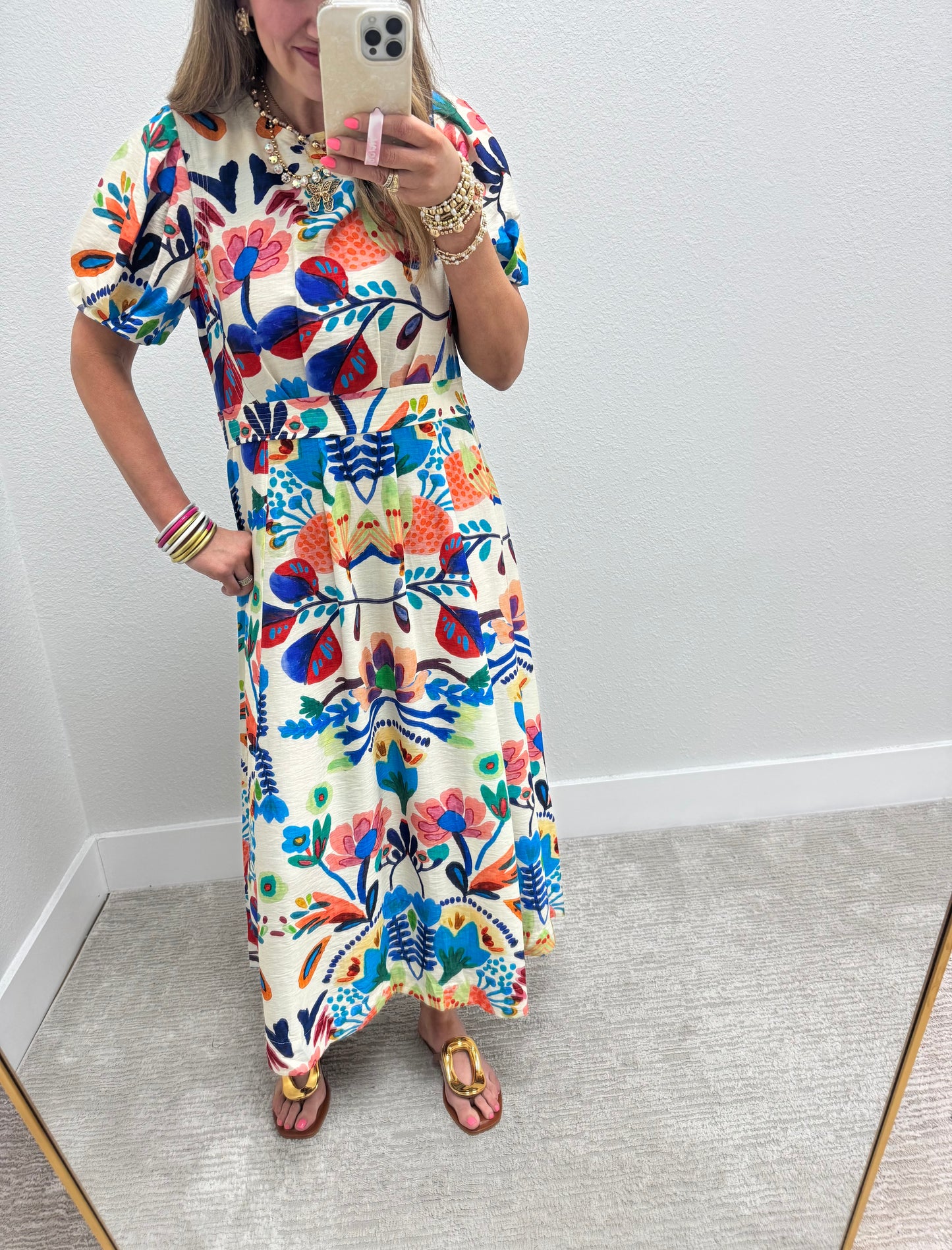 Blue Printed Round Neck Middy Dress