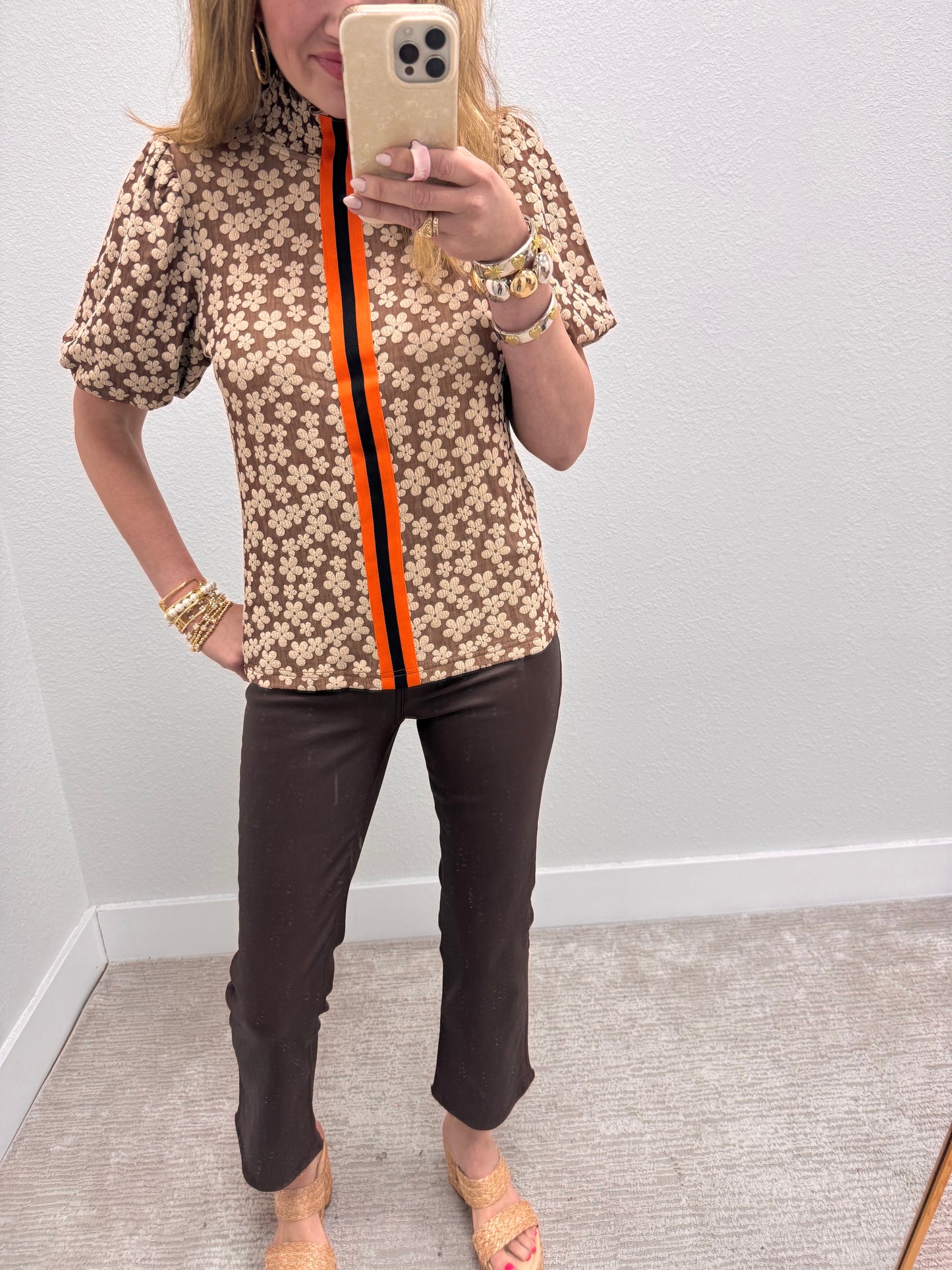 Brown Smocked Mock Neck Stripe Floral Top