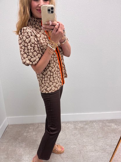 Brown Smocked Mock Neck Stripe Floral Top FS