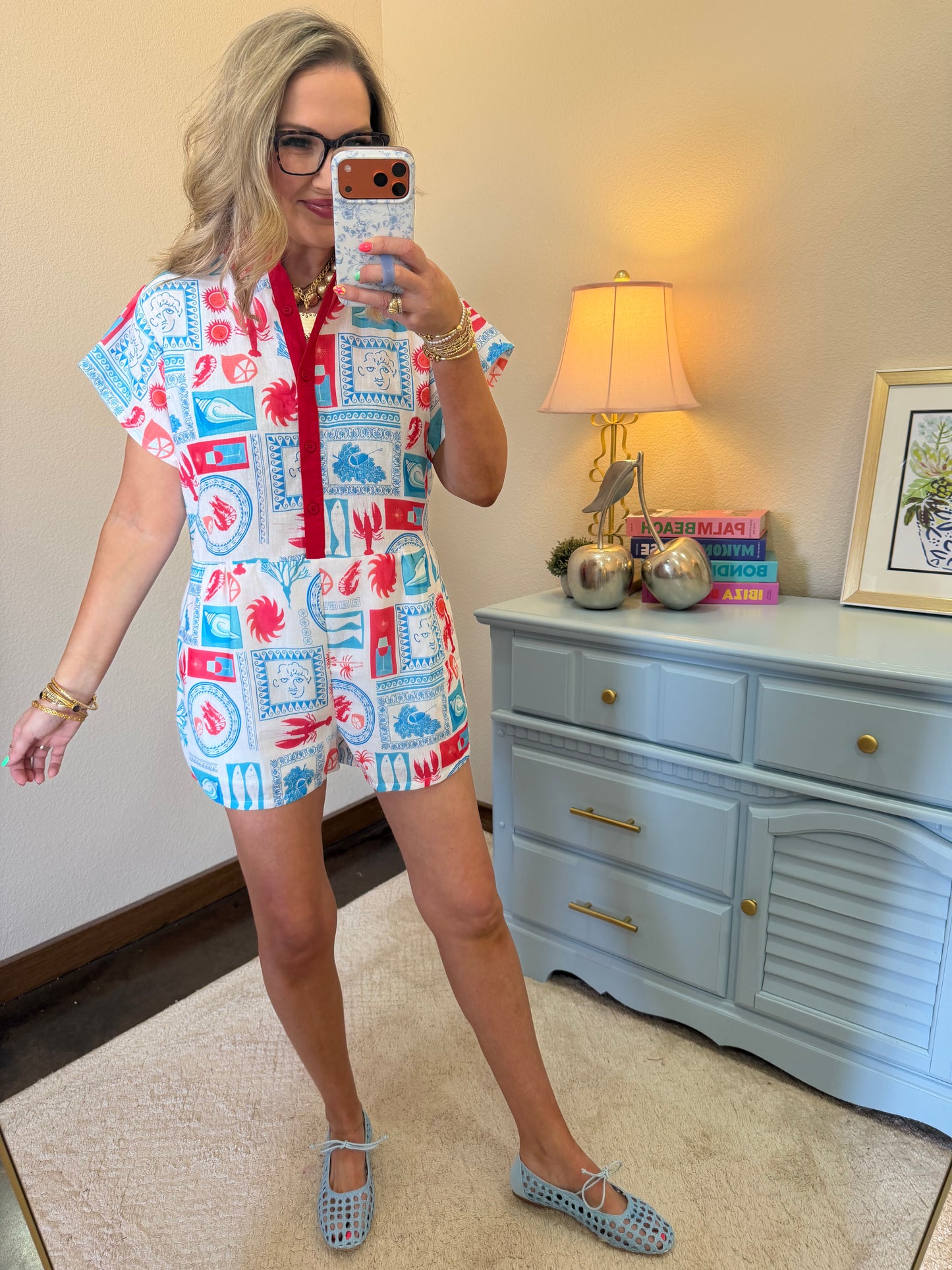 Red and Blue Coastal Print Romper