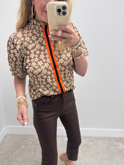 Brown Smocked Mock Neck Stripe Floral Top FS