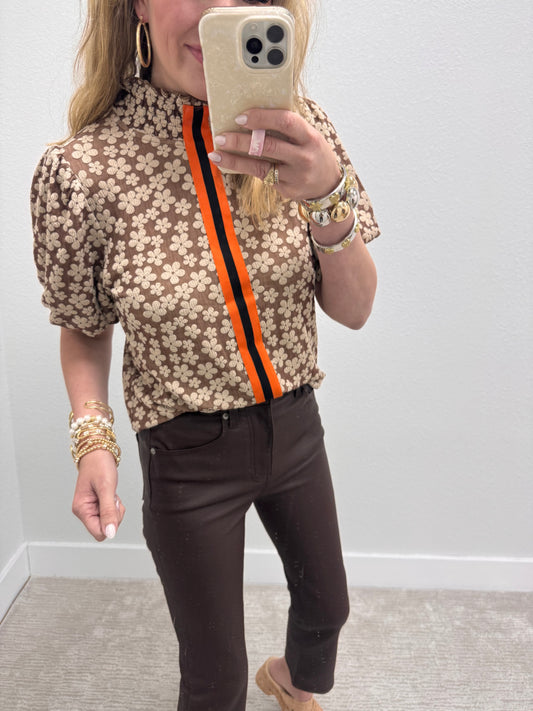 Brown Smocked Mock Neck Stripe Floral Top