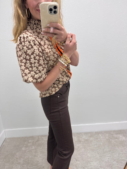 Brown Smocked Mock Neck Stripe Floral Top FS