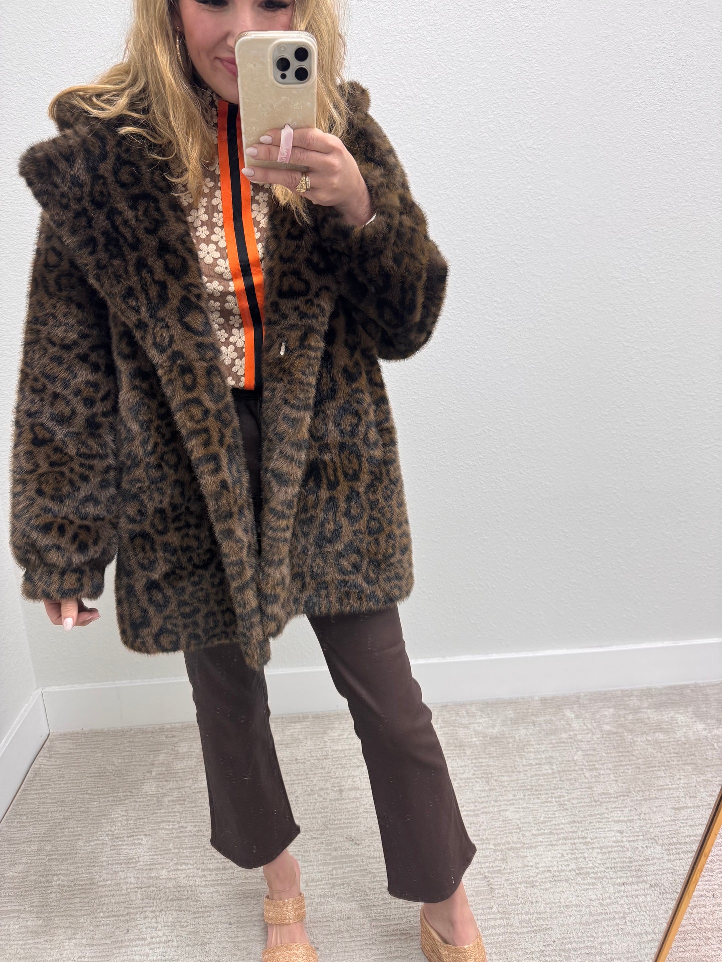 Dark Brown Faux Fur Leopard Print Hooded Jacket