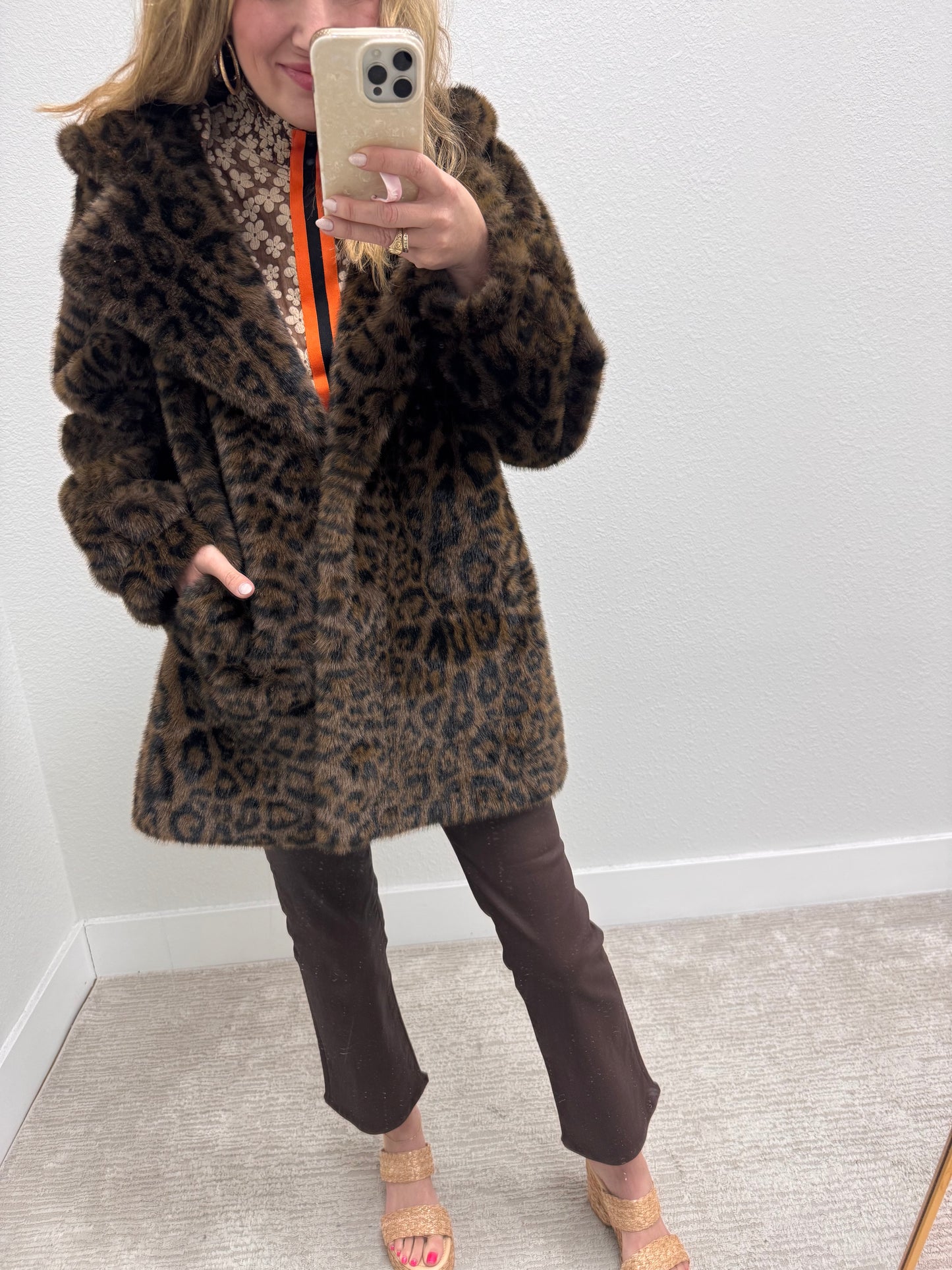 Dark Brown Faux Fur Leopard Print Hooded Jacket