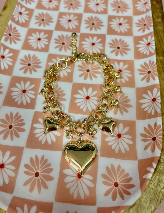Gold Link Heart Charm Bracelet