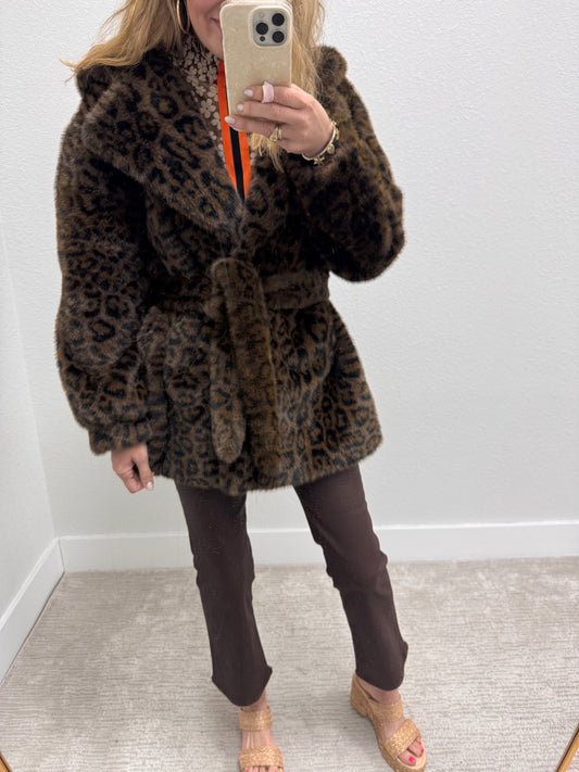 Dark Brown Faux Fur Leopard Print Hooded Jacket