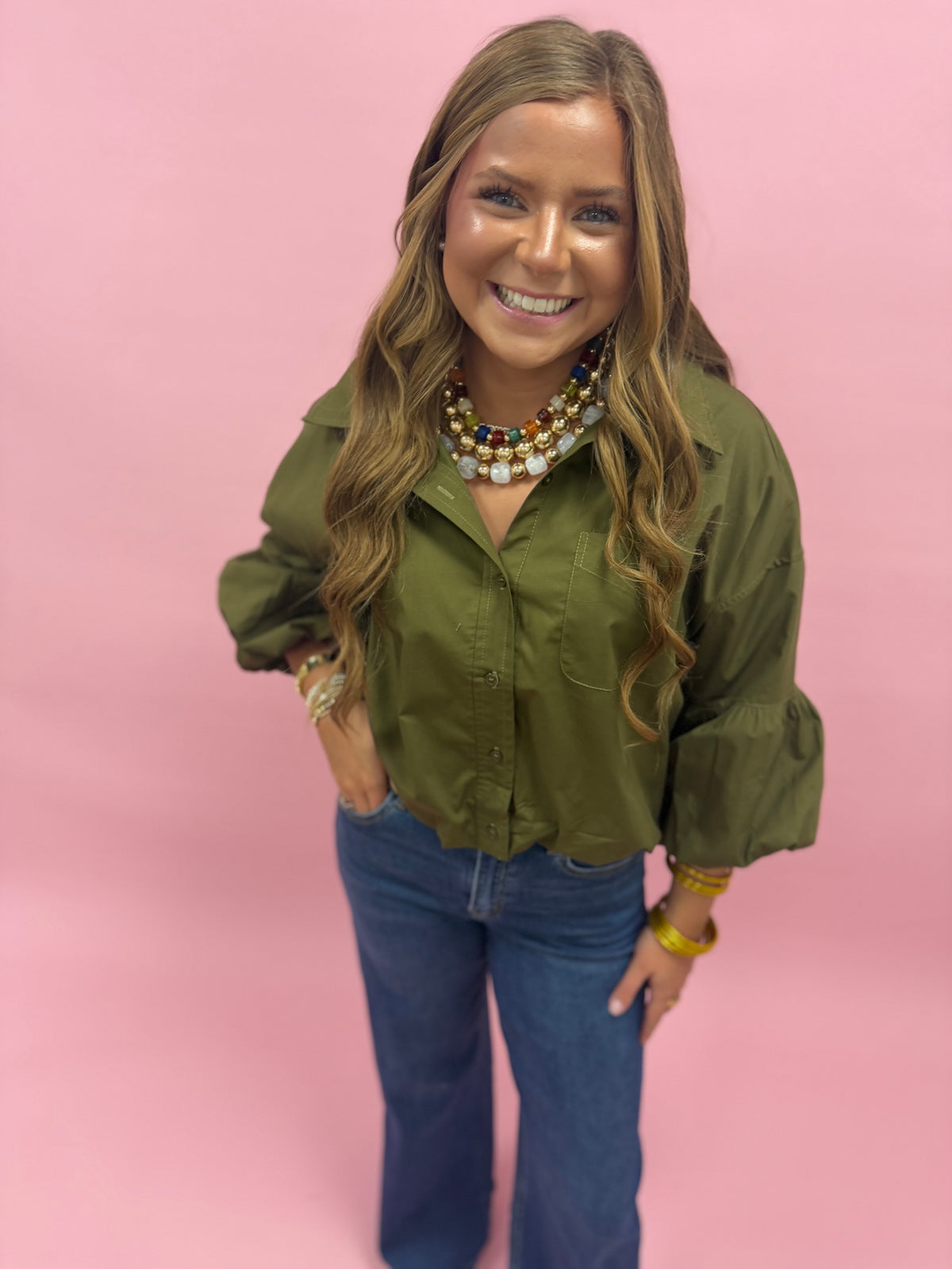 Ash Olive Button Down Bubble Sleeve Top