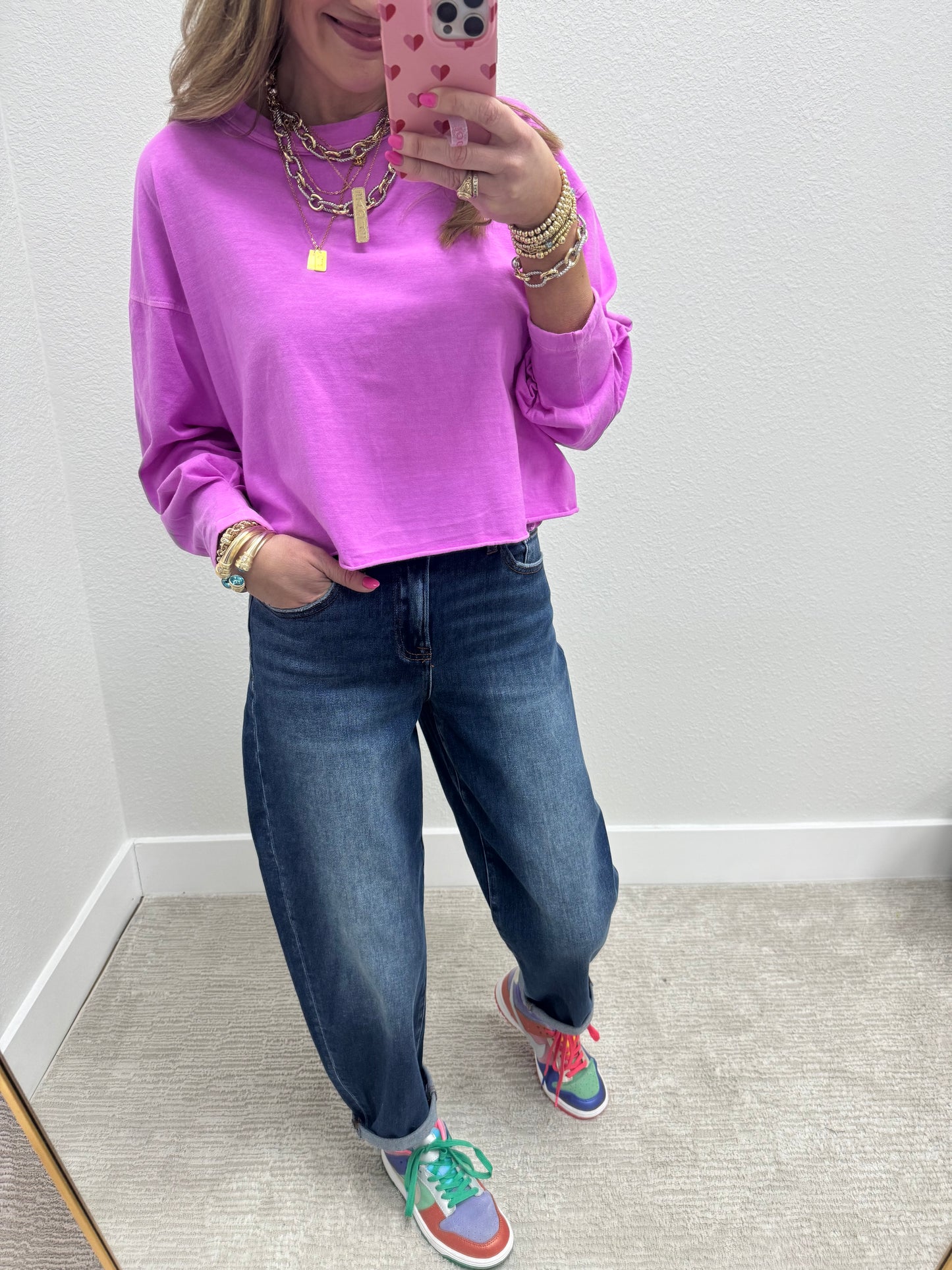 Bright Mauve Gather Sleeve Crop Long Sleeve