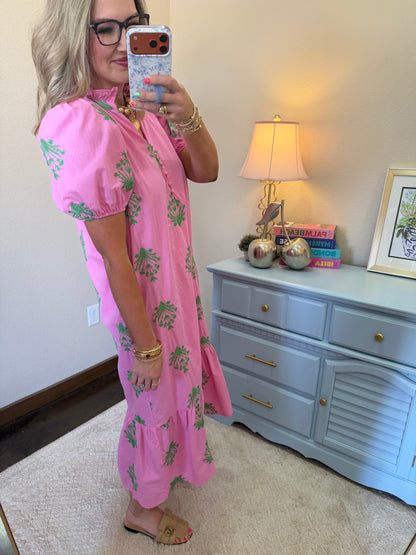 Pink Green Embroidered Ruffle Neck Dress