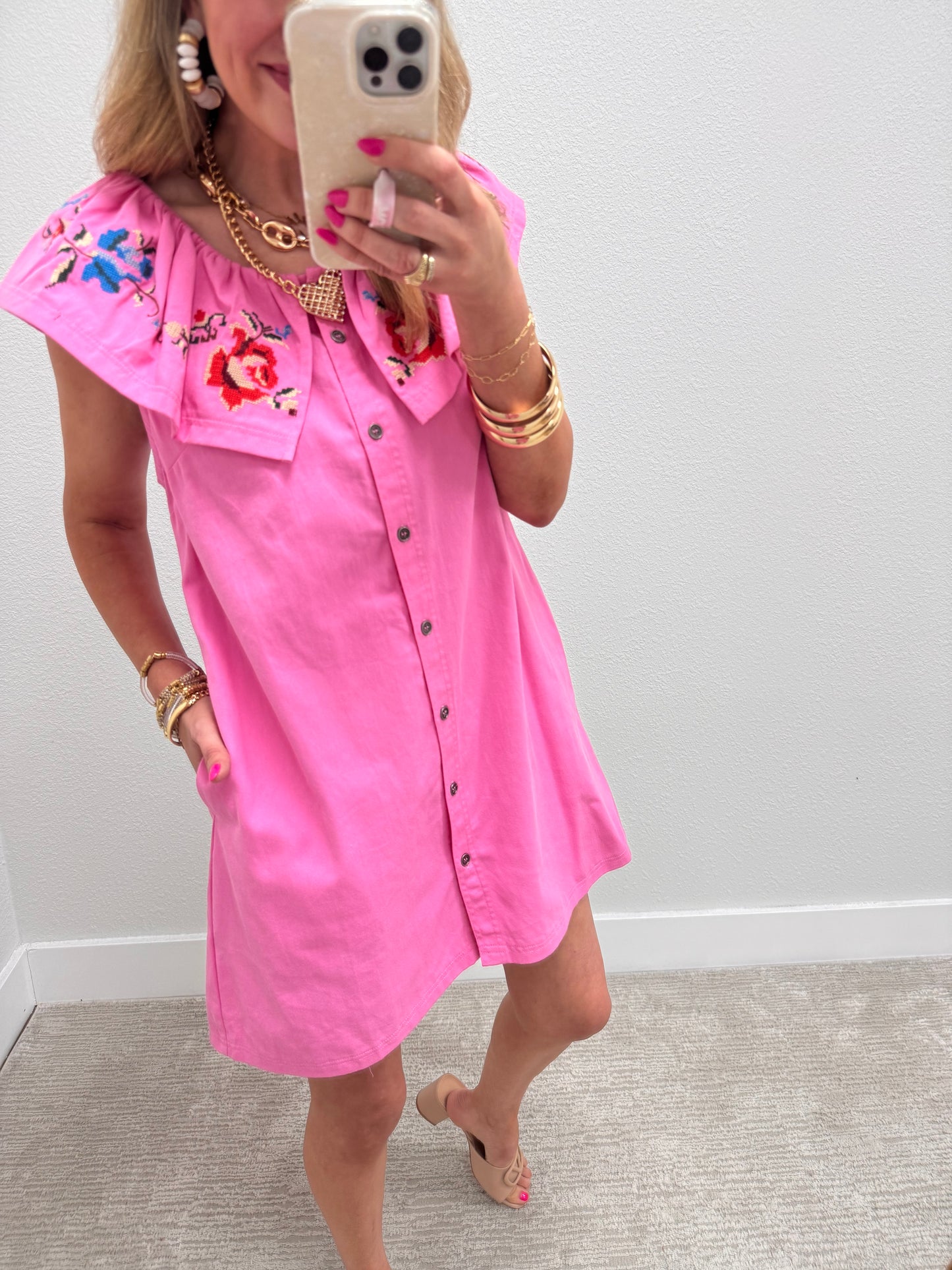 Bubble Gum Embroidered Collar Dress