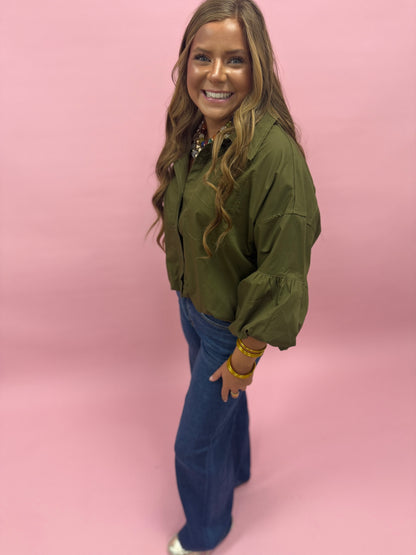 Ash Olive Button Down Bubble Sleeve Top