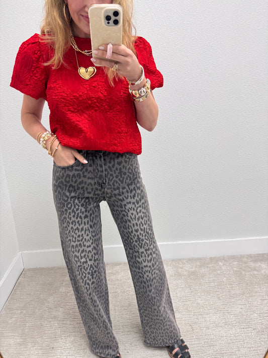 Red Floral Textured Satin Top