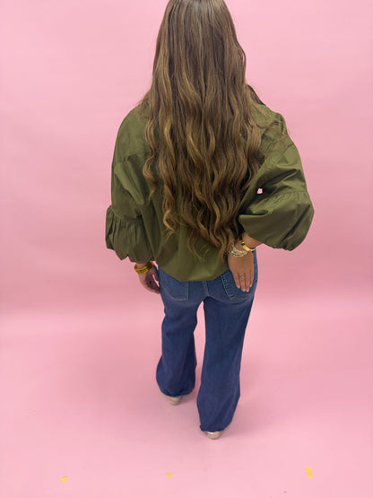 Ash Olive Button Down Bubble Sleeve Top