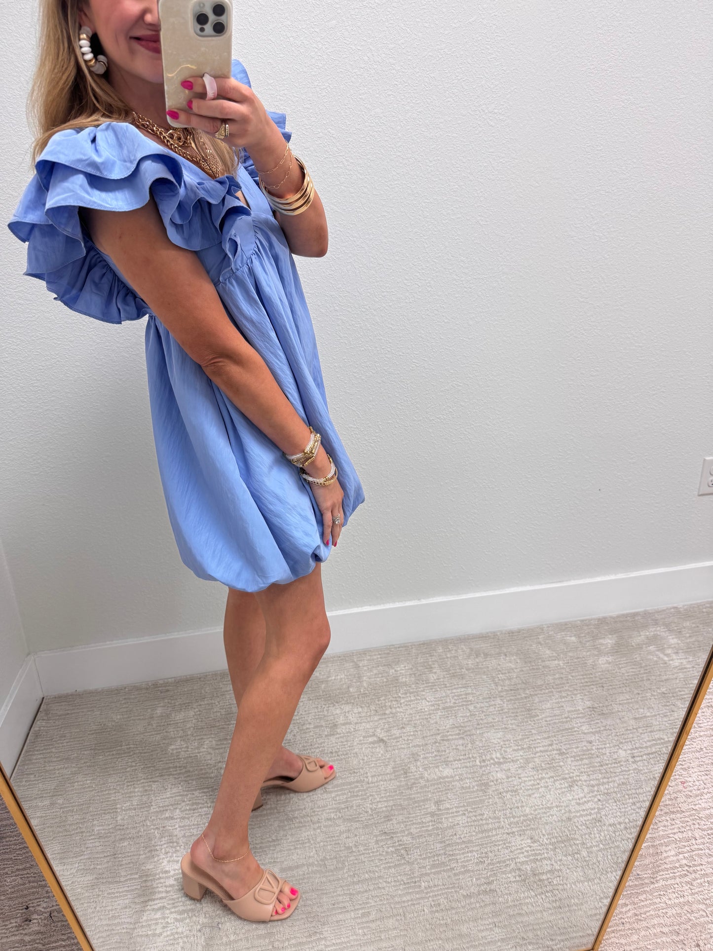 Light Blue Vneck Ruffle Sleeve Bubble Dress