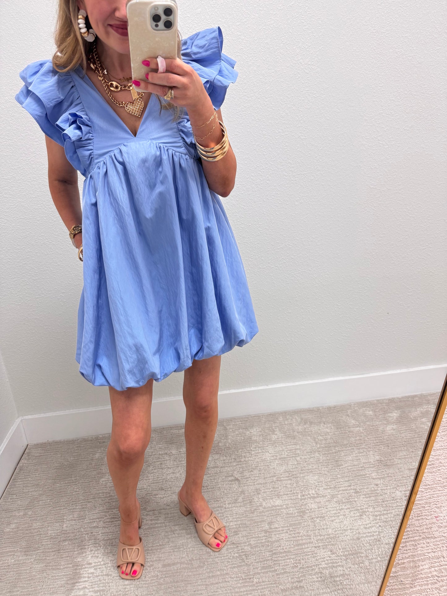 Light Blue Vneck Ruffle Sleeve Bubble Dress