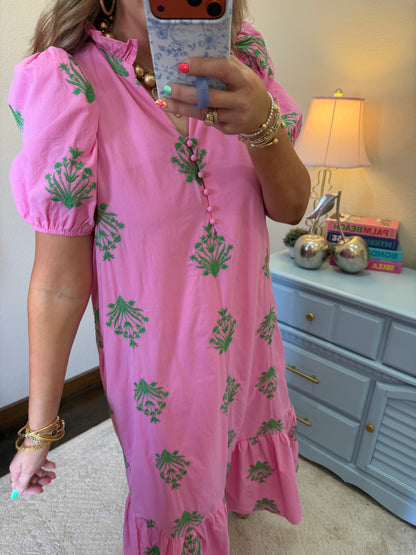 Pink Green Embroidered Ruffle Neck Dress