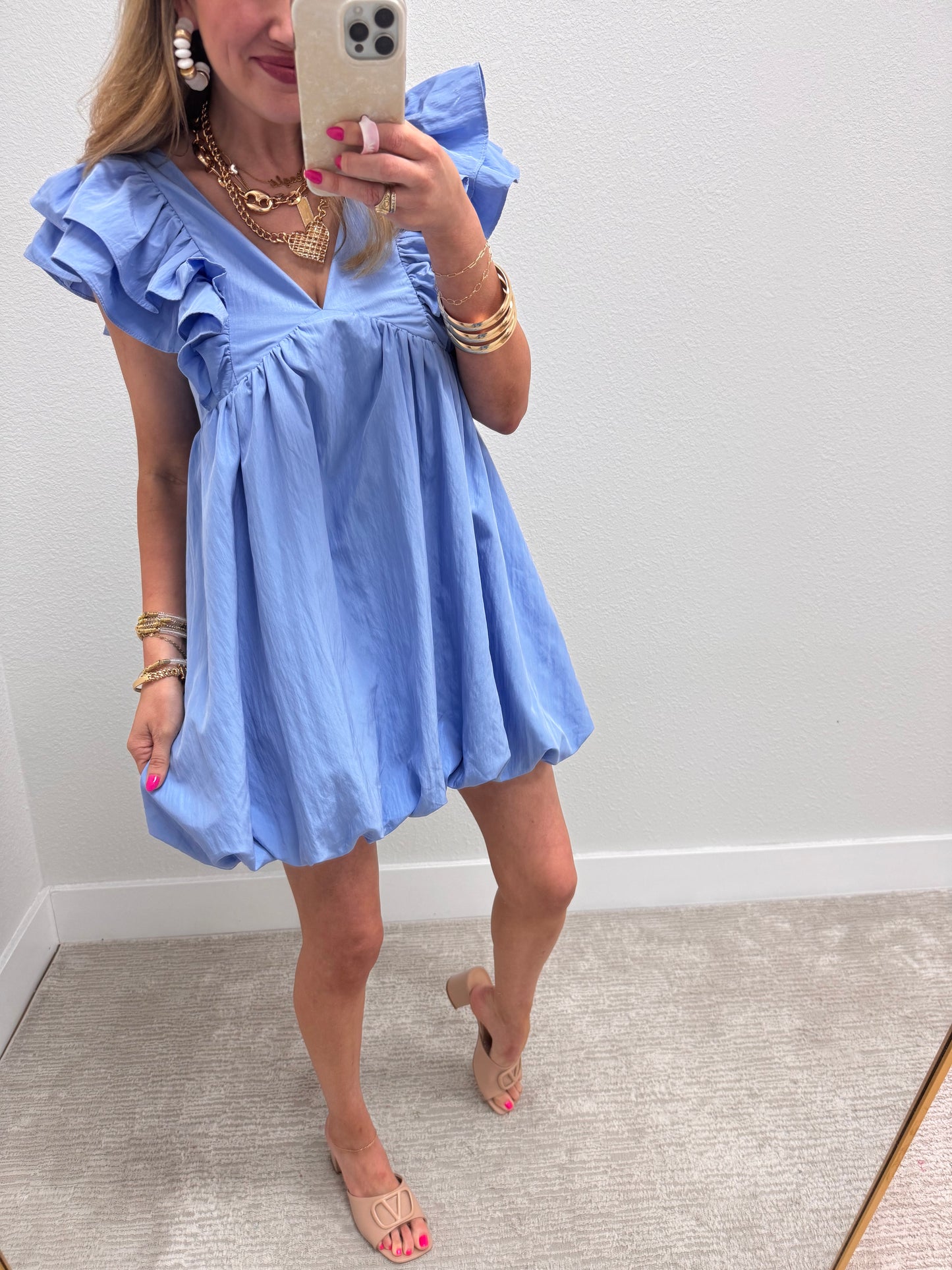 Light Blue Vneck Ruffle Sleeve Bubble Dress