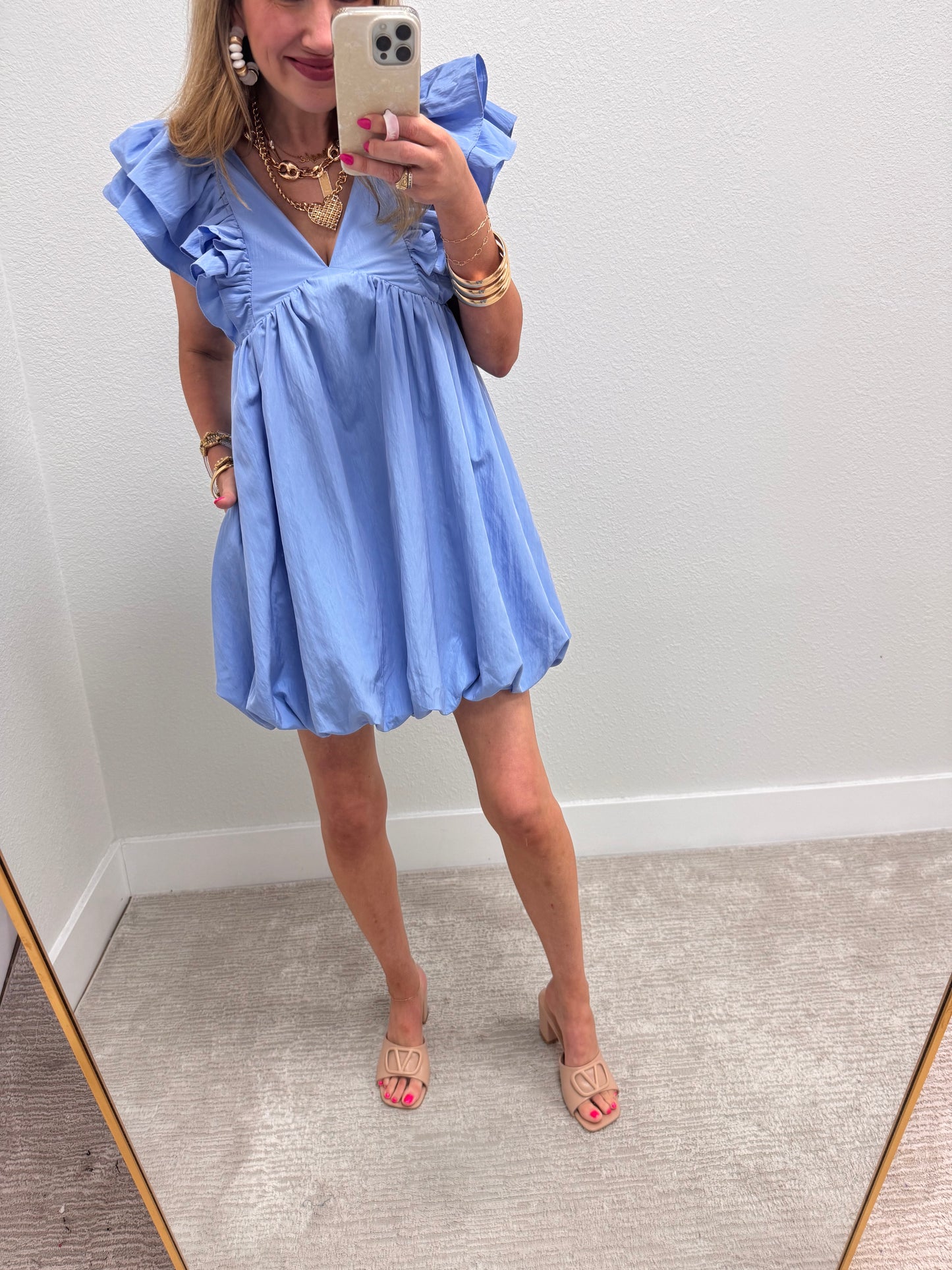 Light Blue Vneck Ruffle Sleeve Bubble Dress