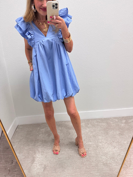 Light Blue Vneck Ruffle Sleeve Bubble Dress