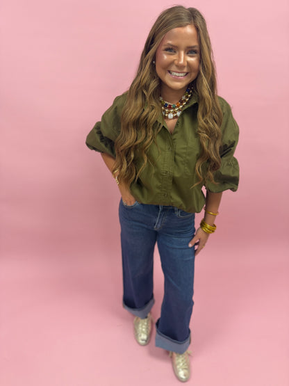 Ash Olive Button Down Bubble Sleeve Top