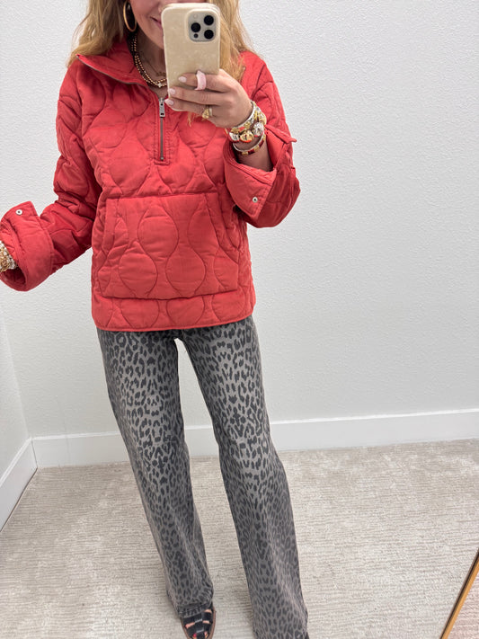Pale Red Half Zip High Neck Pullover